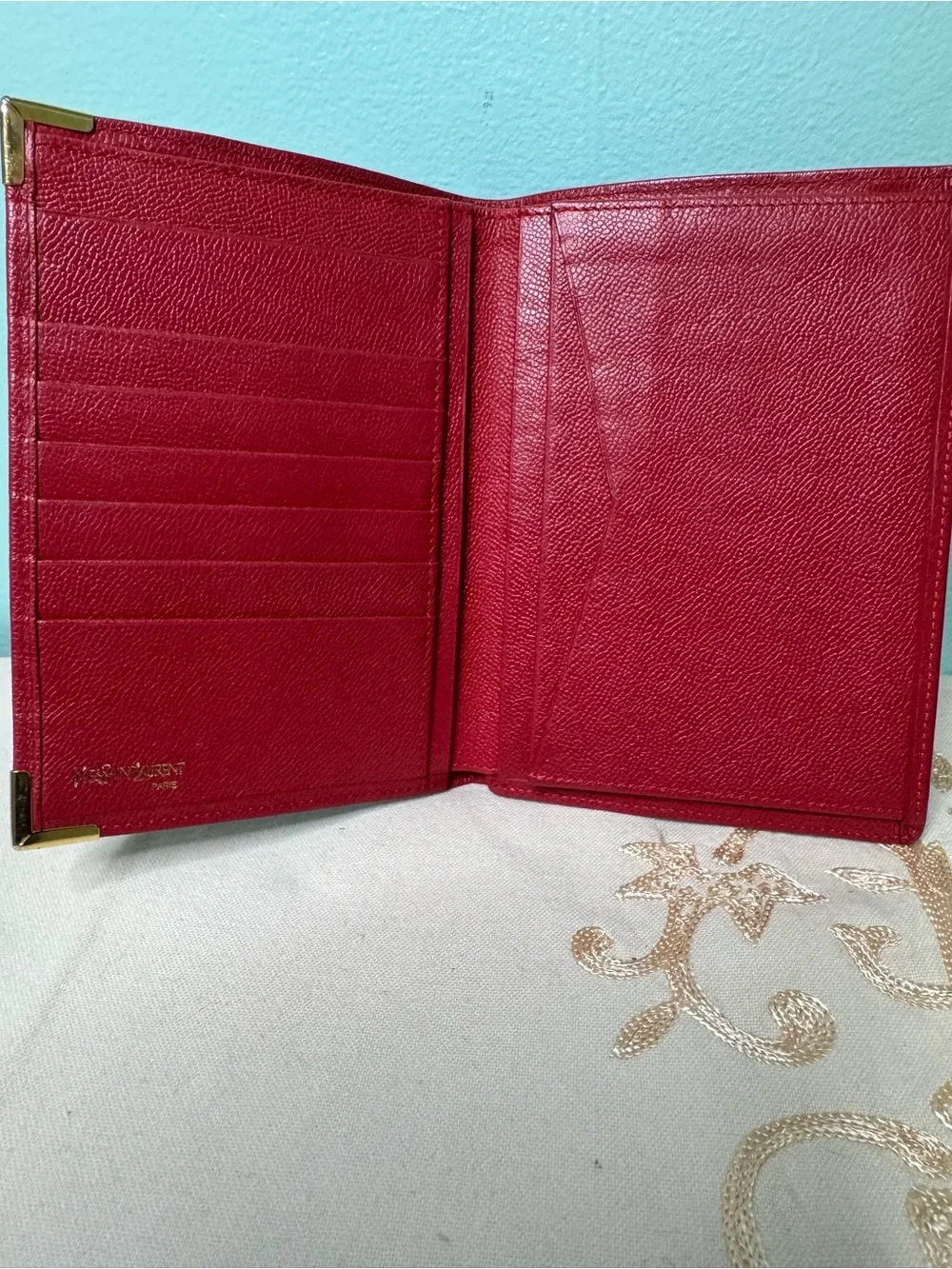 Yves Saint Laurent Red Leather Travel Cover with Gold Corner Accents